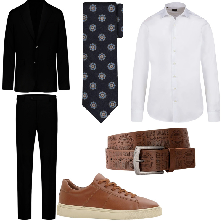 Outfit uomo - Quasi casual. Stile Business/Elegante per Ufficio. Abbinamento con sneakers, cinture, abiti, camicie, cravatte.