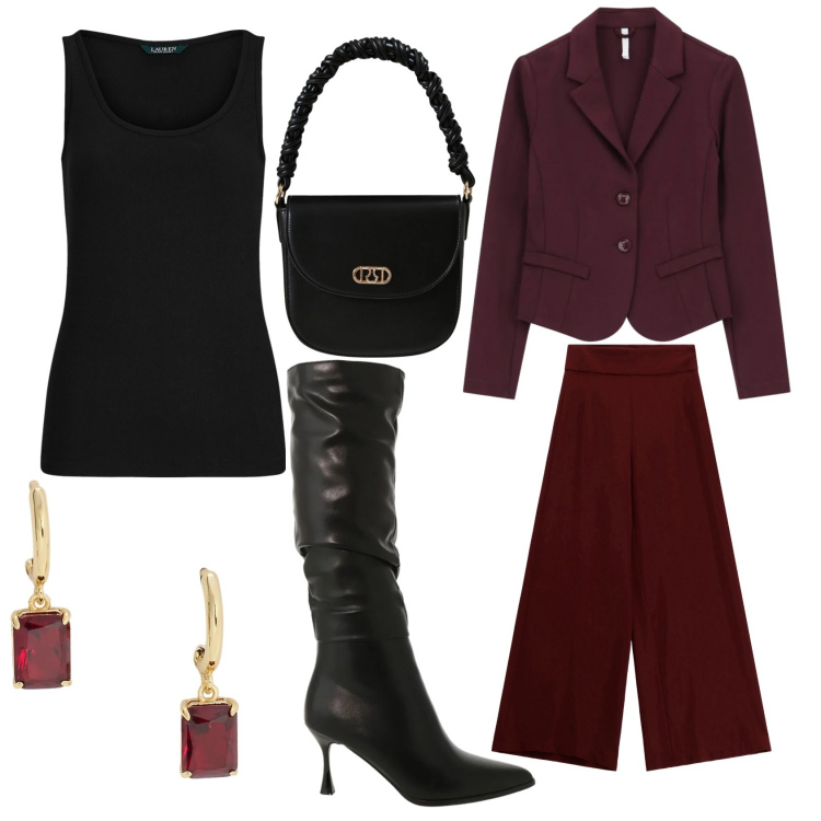 Outfit donna - Total look #2304116. Abbinamento con pantaloni a palazzo, borse a mano, stivali sopra il ginocchio, blazer, canottiere, orecchini.
