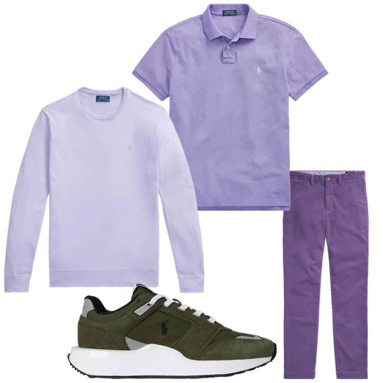 Outfit uomo - Viola addicted. Stile Casual per Tutti i giorni. Abbinamento con polo, pantaloni, sneakers, maglieria.