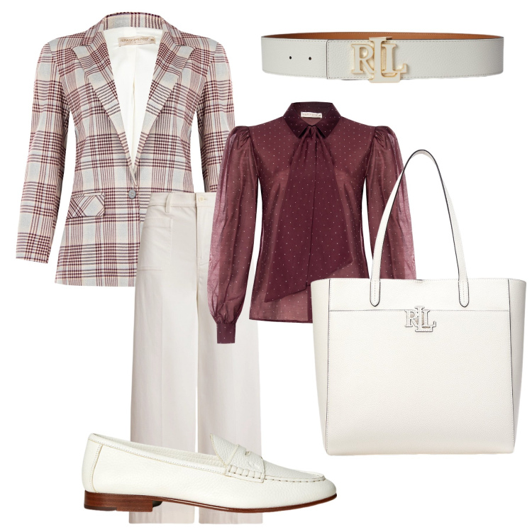 Outfit donna - Eleganza minimale. Stile Casual chic per Cerimonia. Abbinamento con borse tote, mocassini, pantaloni, cinture, camicie, blazer.