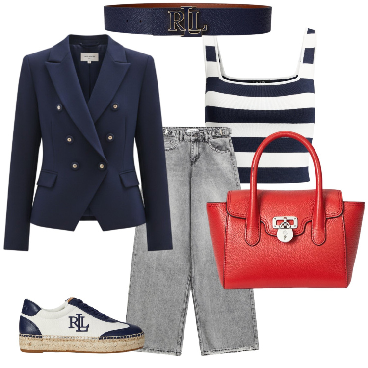 Outfit donna - Passeggiata al mare. Stile Glamour per Tutti i giorni. Abbinamento con borse a mano, sneakers, cinture, top, jeans, blazer.