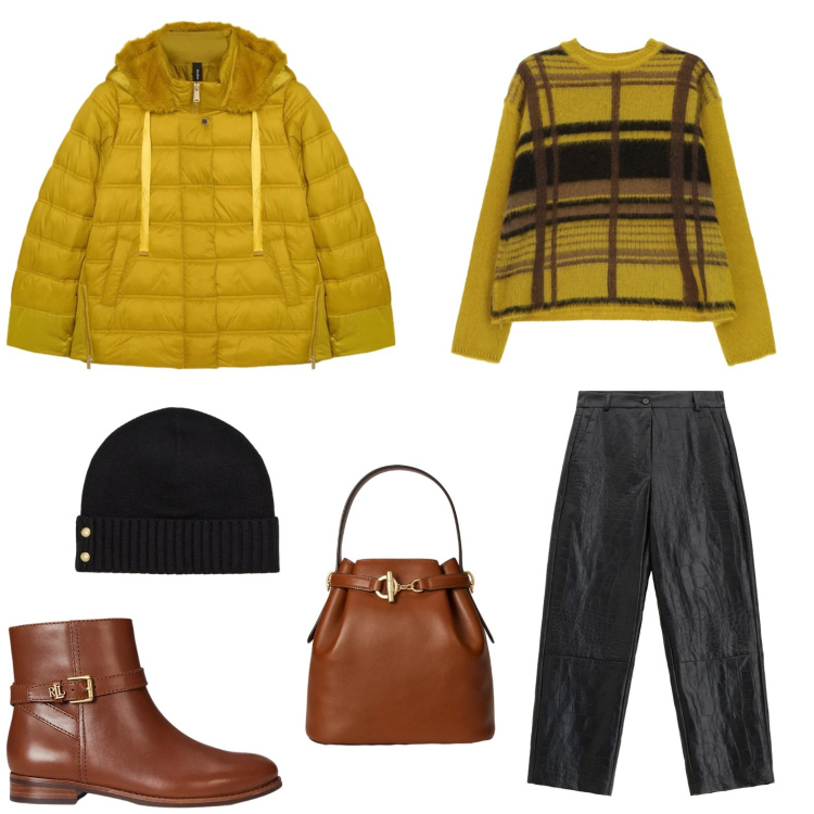 Outfit donna - Total look #2304131. Stile Sporty chic per Tutti i giorni. Abbinamento con pantaloni, maglieria, stivaletti, berretti, borse a secchiello, piumini.