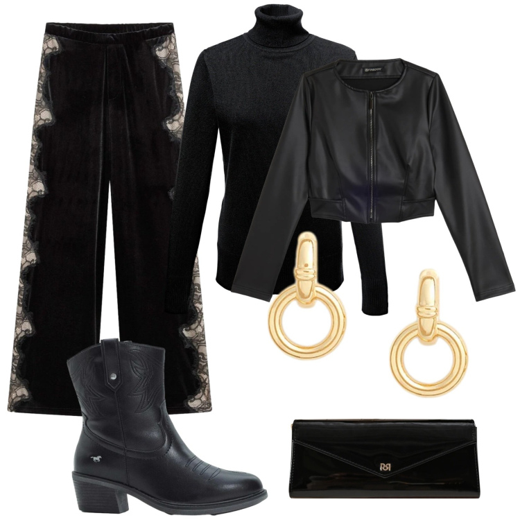 Outfit donna - Rock Elegante. Stile Rock per Serata fuori. Abbinamento con stivaletti texani, pantaloni, maglieria, pochette, giacche, orecchini.