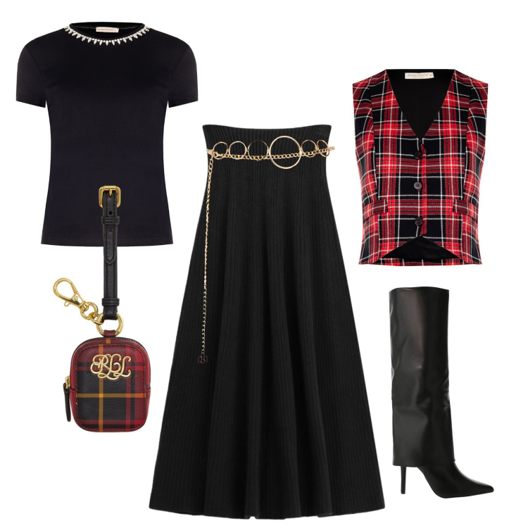 Outfit donna - Dettagli tartan per le feste. Stile Trendy per Tutti i giorni. Abbinamento con t-shirt, cinture, gilet, stivali, gonne lunghe, pochette.