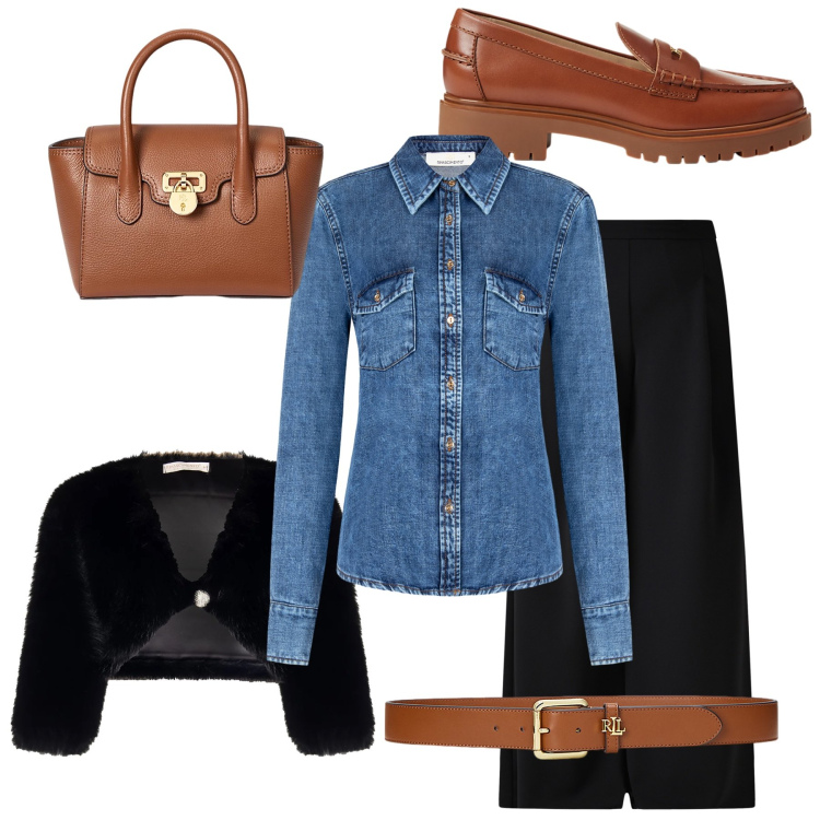 Outfit donna - Giro in centro. Stile Sporty chic per Tutti i giorni. Abbinamento con cinture, mocassini, borse a mano, pantaloni a palazzo, bolero, camicie.