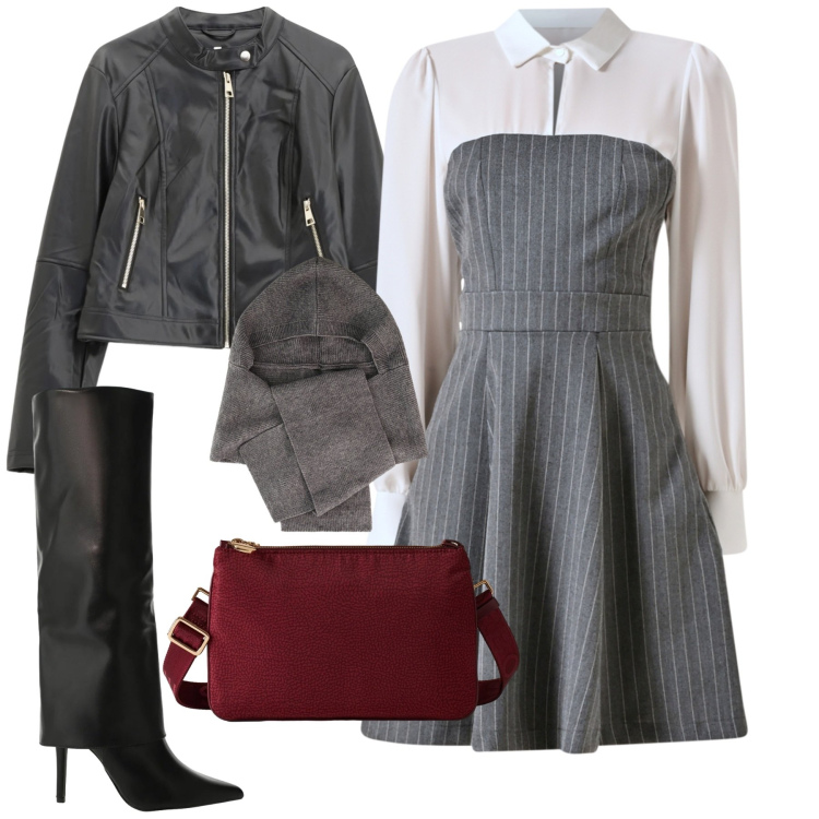 Outfit donna - Gessato chic. Stile Chic per Tutti i giorni. Abbinamento con sciarpe, vestiti corti, giacche, stivali, borse a tracolla.