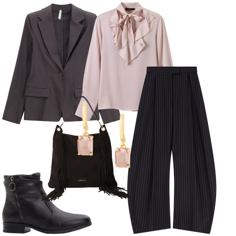 Outfit donna - La classe del gessato. Stile Chic per Tutti i giorni. Abbinamento con stivaletti, bluse, pantaloni a palazzo, blazer, borse a spalla, orecchini.
