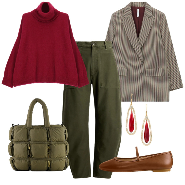 Outfit donna - Merry Christmas. Stile Bon Ton per Tutti i giorni. Abbinamento con blazer, maglieria, ballerine, pantaloni, orecchini, borse a mano.