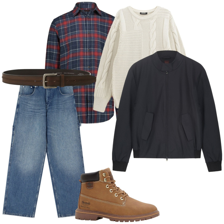 Outfit uomo - In cotteg. per Serata speciale. Abbinamento con stivali e stivaletti, jeans, maglieria, cinture, bomber, camicie.