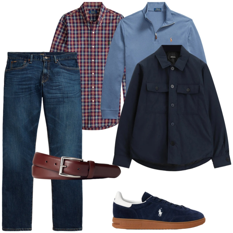 Outfit uomo - Eleganza e sport. per Tutti i giorni. Abbinamento con cappotti, cinture, pullovers, sneakers, jeans dritti, camicie.