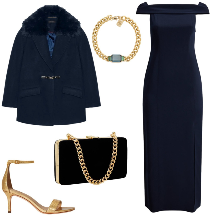Outfit donna - Total look #2304184. Stile Glamour per Serata fuori. Abbinamento con clutch, braccialetti, sandali in pelle, vestiti lunghi, cappotti.