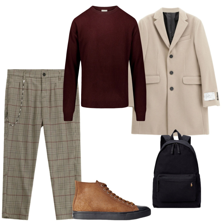 Outfit uomo - Io. per Tutti i giorni. Abbinamento con cappotti, pantaloni, sneakers, borse sportive, maglieria.