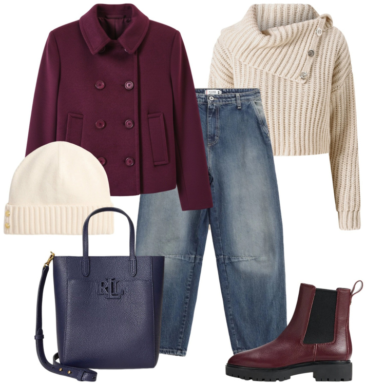 Outfit donna - Il peacoat wine. Stile Casual per Tutti i giorni. Abbinamento con jeans, caban, maglieria, borse tote, stivaletti chelsea, berretti.