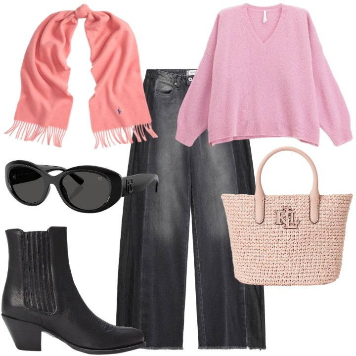 Outfit donna - Una sciarpa mille look. Stile Casual chic per Tutti i giorni. Abbinamento con jeans, maglieria, occhiali da sole, stivaletti texani, sciarpe, borse tote.