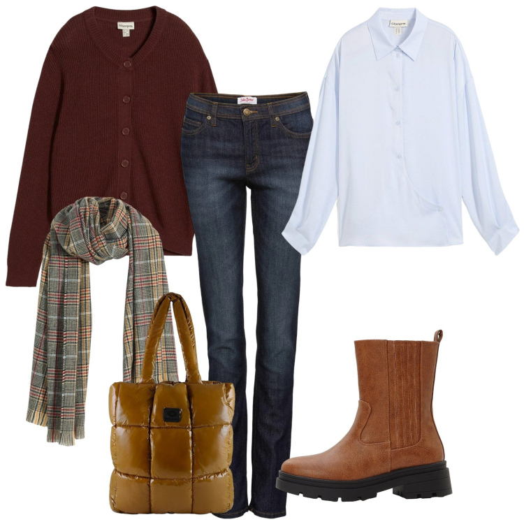 Outfit donna - Zafferano casual. Stile Bon Ton per Ufficio. Abbinamento con jeans mom, camicie, sciarpe, stivaletti chelsea, cardigans, shopping bag.