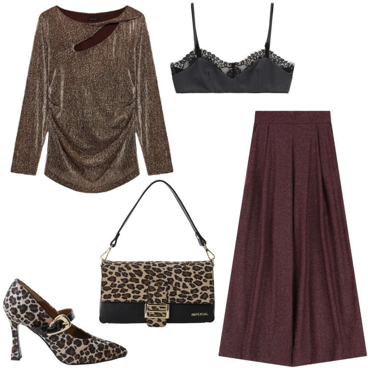 Outfit donna - Total look #2304190. Stile Trendy per Serata fuori. Abbinamento con pantaloni a palazzo, borse a spalla, top, décolleté, bluse.