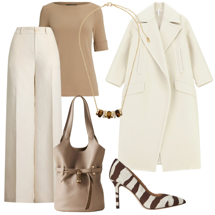 Outfit donna - Eleganza in toni chiari. Stile Bon Ton per Serata fuori. Abbinamento con cappotti, borse a secchiello, collane, décolleté, pantaloni, t-shirt.