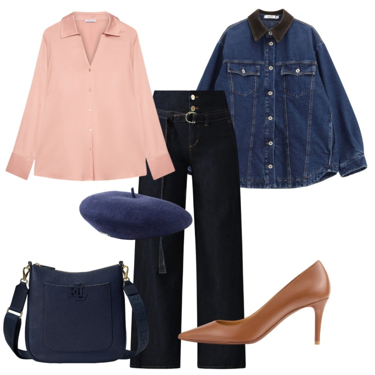 Outfit donna - Tacco e jeans. Stile Casual chic per Tutti i giorni. Abbinamento con blazer, jeans, borse a tracolla, décolleté, berretti, camicie.