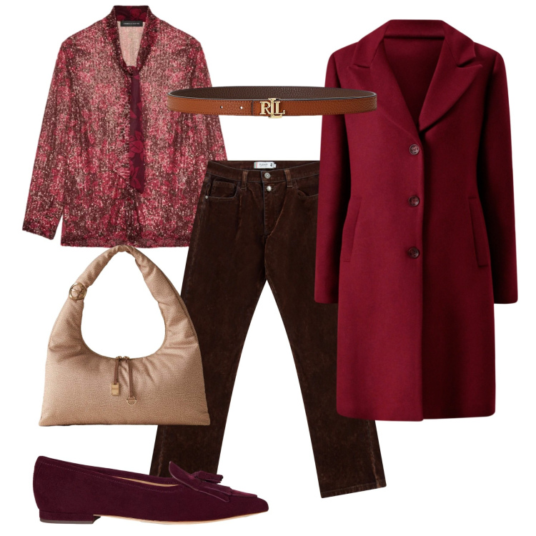 Outfit donna - Toni wine. Stile Casual chic per Tutti i giorni. Abbinamento con pantaloni, cappotti, borse a mano, cinture, ballerine, camicie.