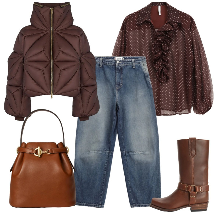 Outfit donna - Urban style. Stile Casual per Tutti i giorni. Abbinamento con jeans, camicie, stivaletti, borse a secchiello, piumini.