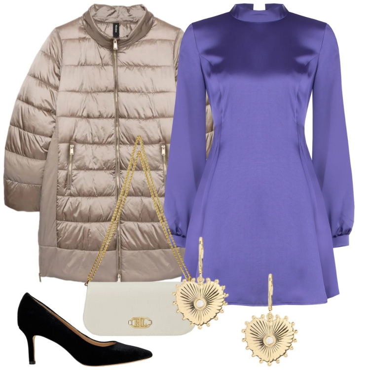 Outfit donna - Un matrimonio invernale. Stile Chic per Cerimonia. Abbinamento con vestiti corti, décolleté, borse a spalla, orecchini, piumini.