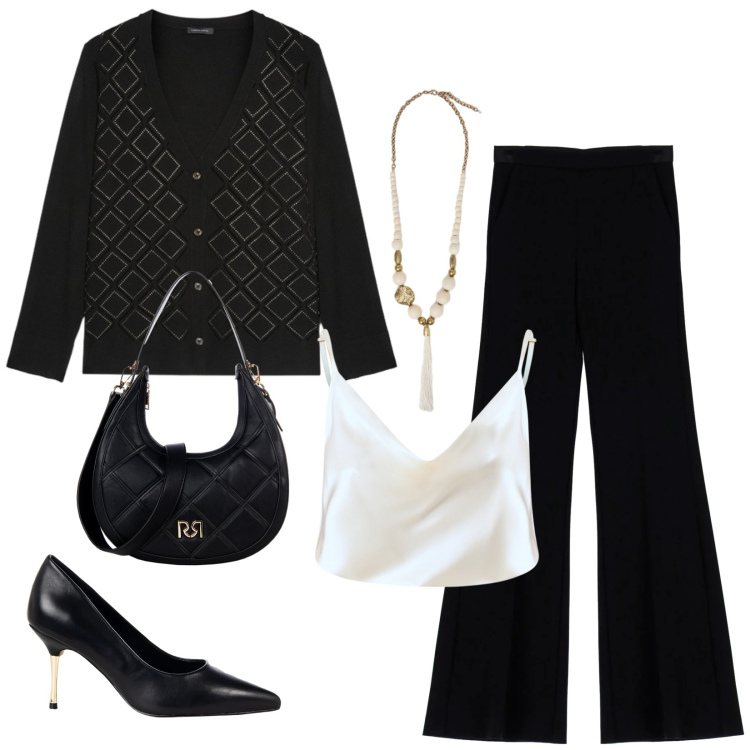 Outfit donna - Total look #2304204. Stile Chic per Serata fuori. Abbinamento con canottiere, borse a tracolla, décolleté, pantaloni, cardigans, ciondoli.