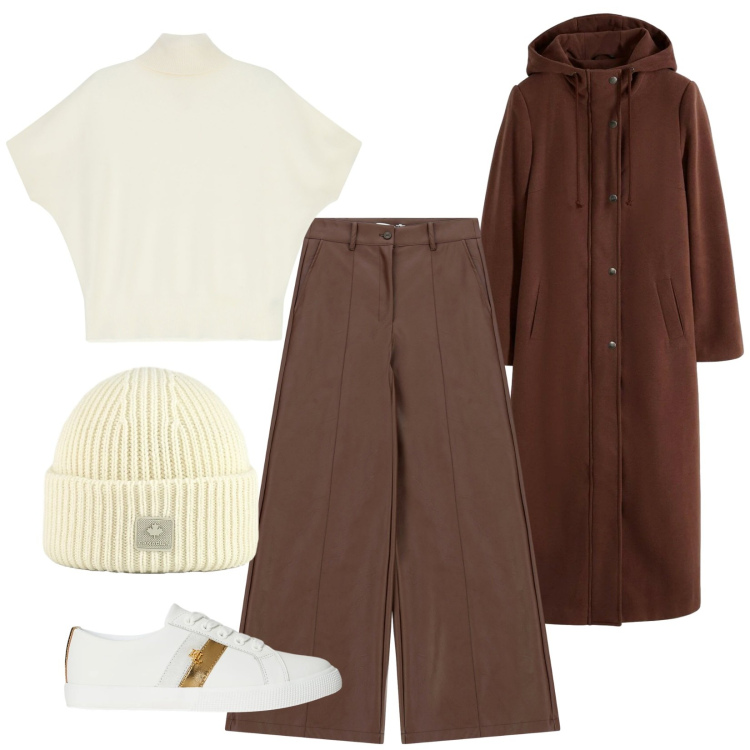 Outfit donna - Morbida. Stile Casual chic per Tutti i giorni. Abbinamento con cappotti, pantaloni a palazzo, maglieria, sneakers, berretti.