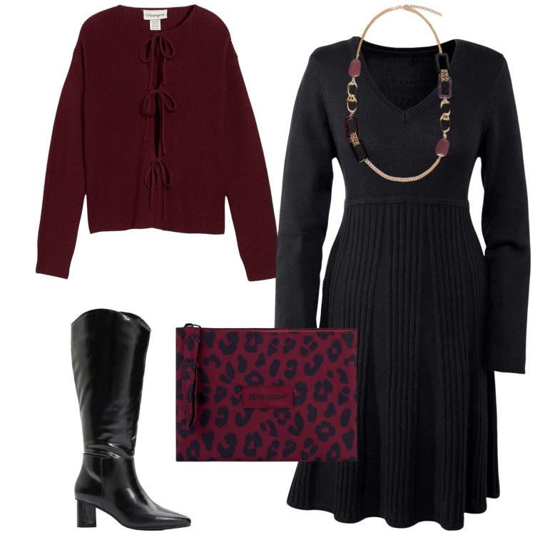 Outfit donna - Total look #2304208. Stile Chic per Serata fuori. Abbinamento con vestiti, stivali, cardigans, clutch, collane.