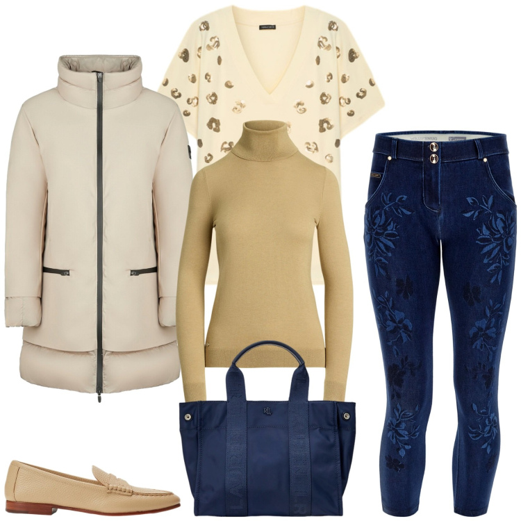 Outfit donna - Total look #2304209. Stile Casual chic per Tutti i giorni. Abbinamento con jeans skinny, borse tote, mocassini, maglieria, cappotti, t-shirt.