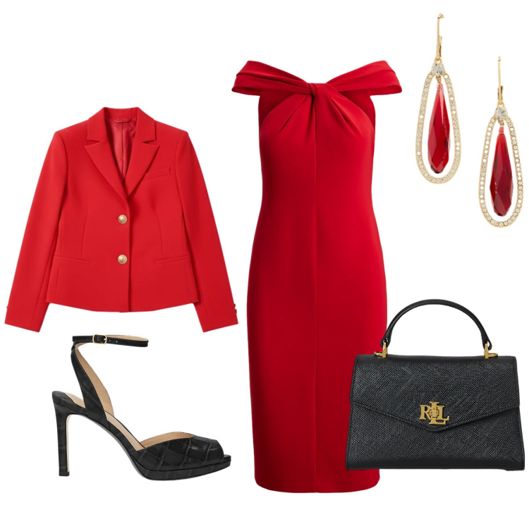 Outfit donna - Total look #2304211. Stile Glamour per Serata fuori. Abbinamento con blazer, borse a mano, sandali in pelle, vestiti, orecchini.