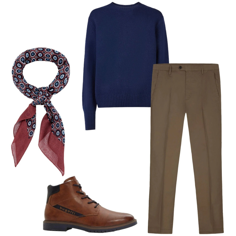 Outfit uomo - Total look #2304212. Stile Trendy per Ufficio. Abbinamento con anfibi, pullovers, sciarpe e foulard, pantaloni.