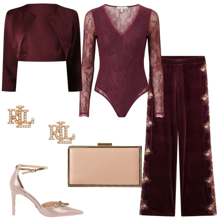Outfit donna - Notte di Natale. Stile Chic per Serata fuori. Abbinamento con pantaloni, décolleté, pochette, bolero, bluse, orecchini.