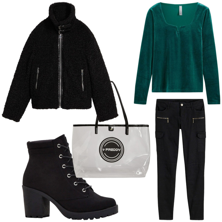 Outfit donna - Giro in citta\' per regali. Stile Casual per Tutti i giorni. Abbinamento con pantaloni cargo, stivaletti, ecopellicce, maglieria, shopping bag.