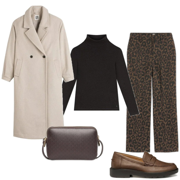 Outfit mujer - Mannish #923. Estilo Mannish para Todos los días. Combinación con abrigos, camiseta, pantalones, mocasines, bolsos de mano.