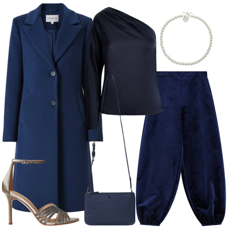 Outfit donna - Natale in blu. Stile Chic per Serata fuori. Abbinamento con cappotti, pantaloni a palazzo, collane, borse a tracolla, sandali gioiello, bluse.