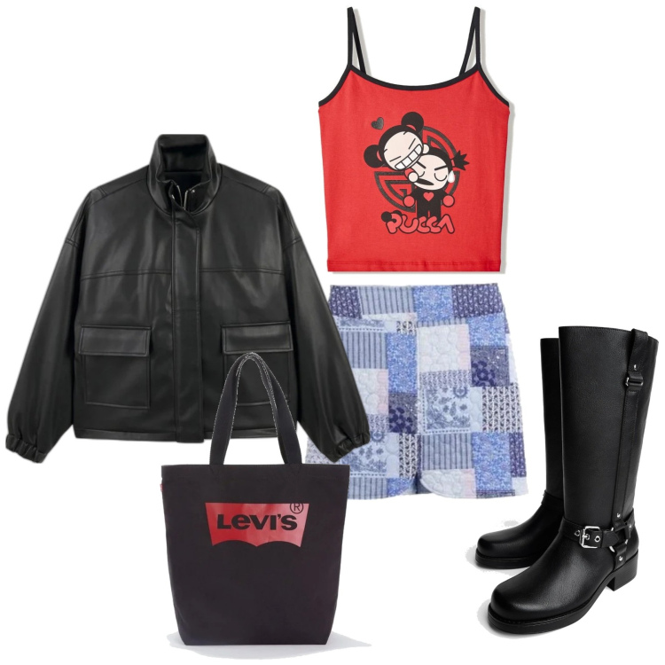 Outfit mujer - Urban #7679. Estilo Urban para Todos los días. Combinación con botas, bolso tote, minifaldas, top, blazers.