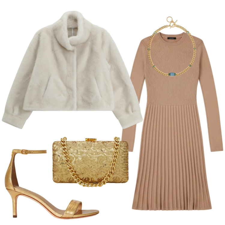 Outfit donna - Festive Harmony. Stile Chic per Serata fuori. Abbinamento con vestiti corti, ecopellicce, clutch, collane, sandali in pelle.