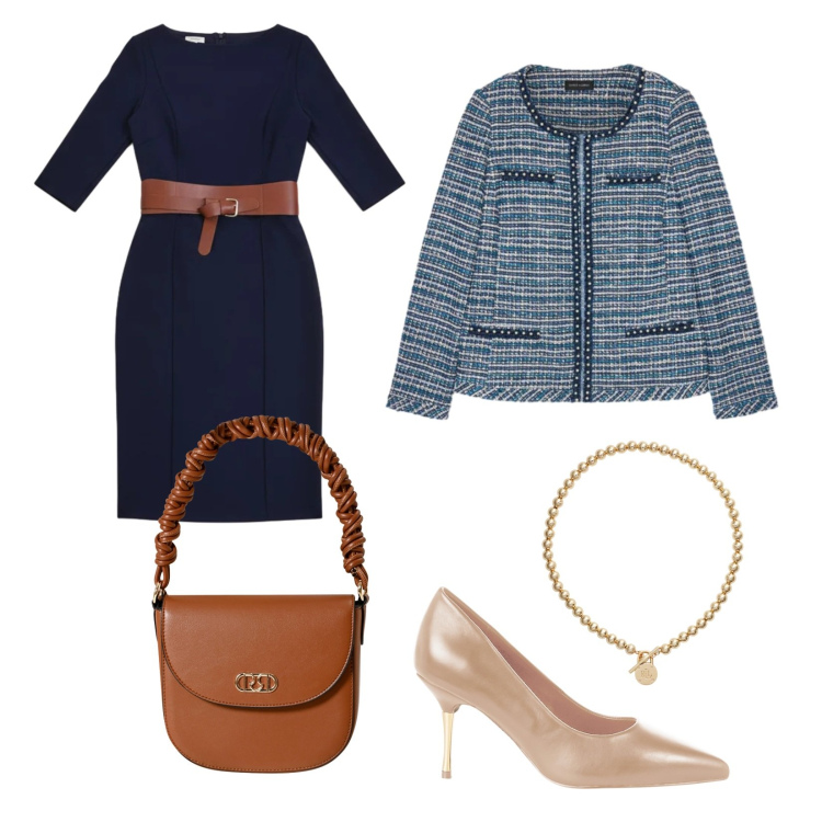 Outfit donna - Eleganza, in blu. Stile Casual chic per Serata fuori. Abbinamento con décolleté, borse a mano, vestiti midi/longuette, collane, blazer.