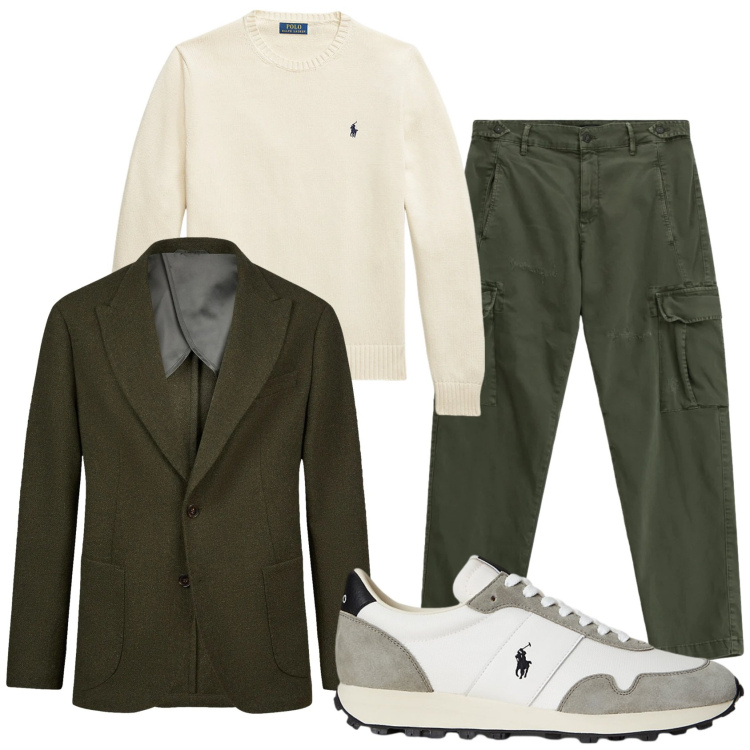 Outfit uomo - Total look #2304231. Stile Trendy per Tutti i giorni. Abbinamento con pantaloni cargo, maglieria, sneakers, giacche.