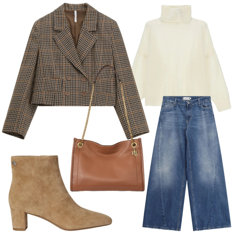 Outfit donna - Total look #2304233. Stile Casual chic per Tutti i giorni. Abbinamento con jeans, maglieria, blazer, stivaletti, borse tote.