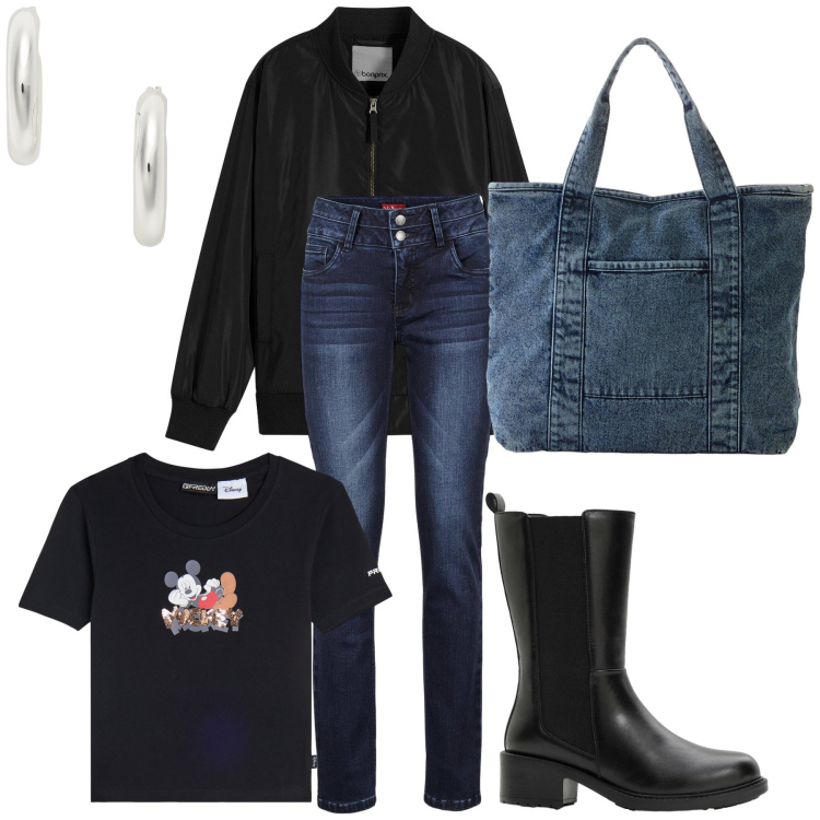 Outfit donna - Fumetti. Stile Casual per Tutti i giorni. Abbinamento con jeans, shopping bag, bomber, stivaletti, t-shirt, orecchini.