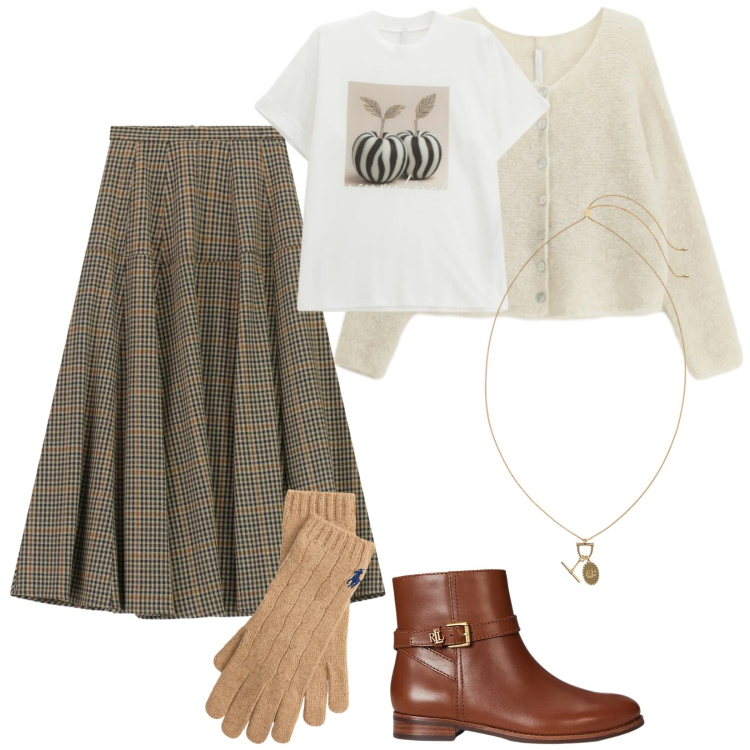 Outfit donna - Una t-shirt particolare. Stile Bon Ton per Tutti i giorni. Abbinamento con gonne lunghe, t-shirt, cardigans, ciondoli, stivaletti, guanti.