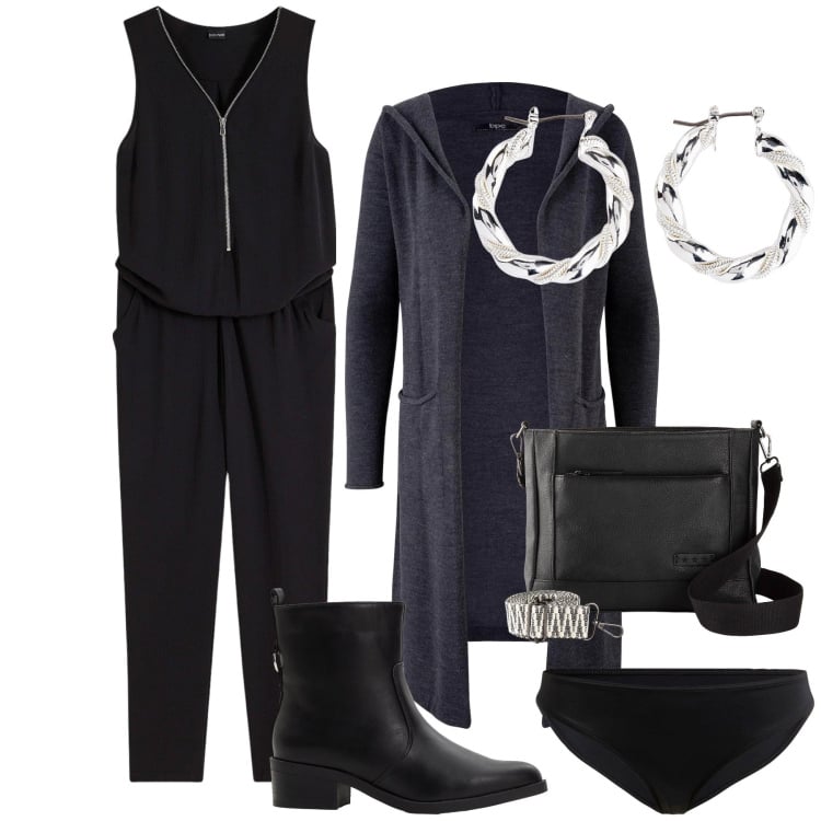 Outfit donna - All black. Stile Trendy per Tutti i giorni. Abbinamento con tute, cardigans, orecchini, borse a tracolla, stivaletti, culotte.