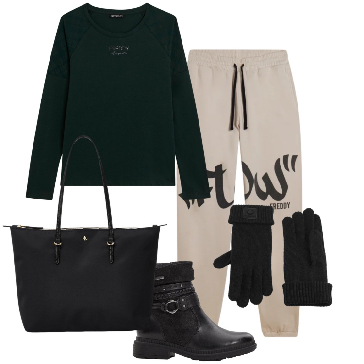 Outfit donna - Un salto al bar. Stile Basic per Tutti i giorni. Abbinamento con stivaletti, t-shirt, pantaloni, guanti, borse tote.
