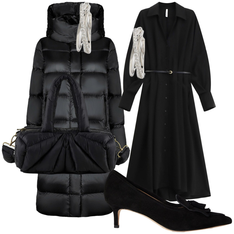 Outfit donna - Total look. Stile Urban per Ufficio. Abbinamento con vestiti lunghi, orecchini, décolleté, borse a mano, cappotti.