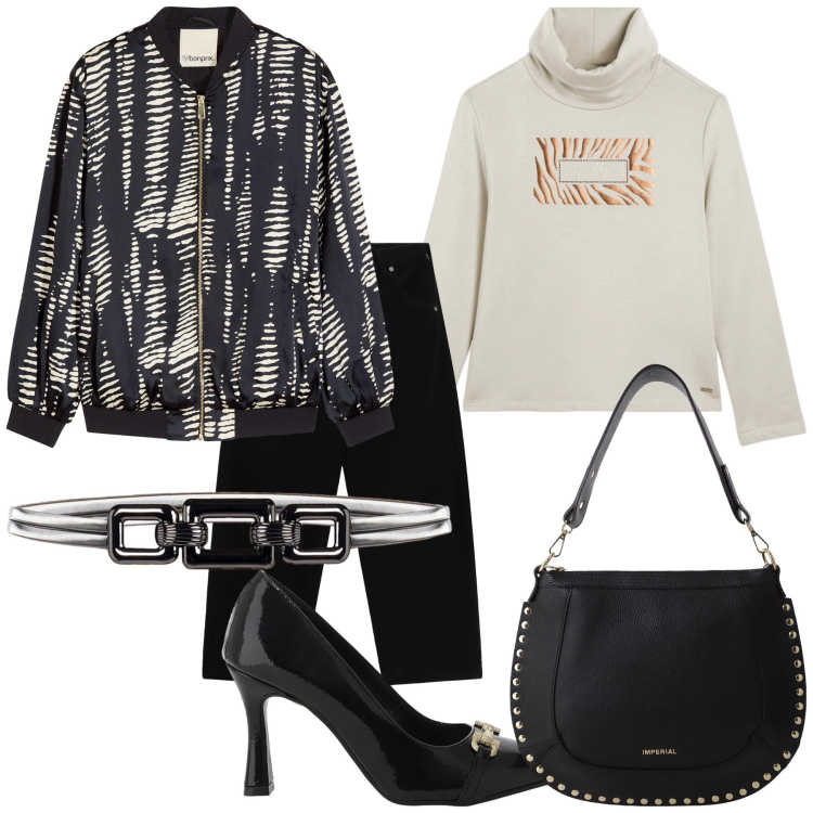 Outfit donna - Total look. Stile Urban per Ufficio. Abbinamento con bomber, pantaloni, cinture, décolleté, borse a spalla, felpe.