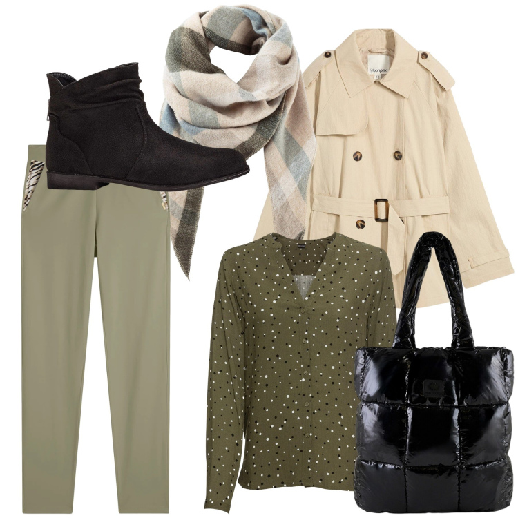 Outfit donna - Commissioni giornaliere. Stile Trendy per Tutti i giorni. Abbinamento con stivaletti, camicie, sciarpe, trench, pantaloni, shopping bag.