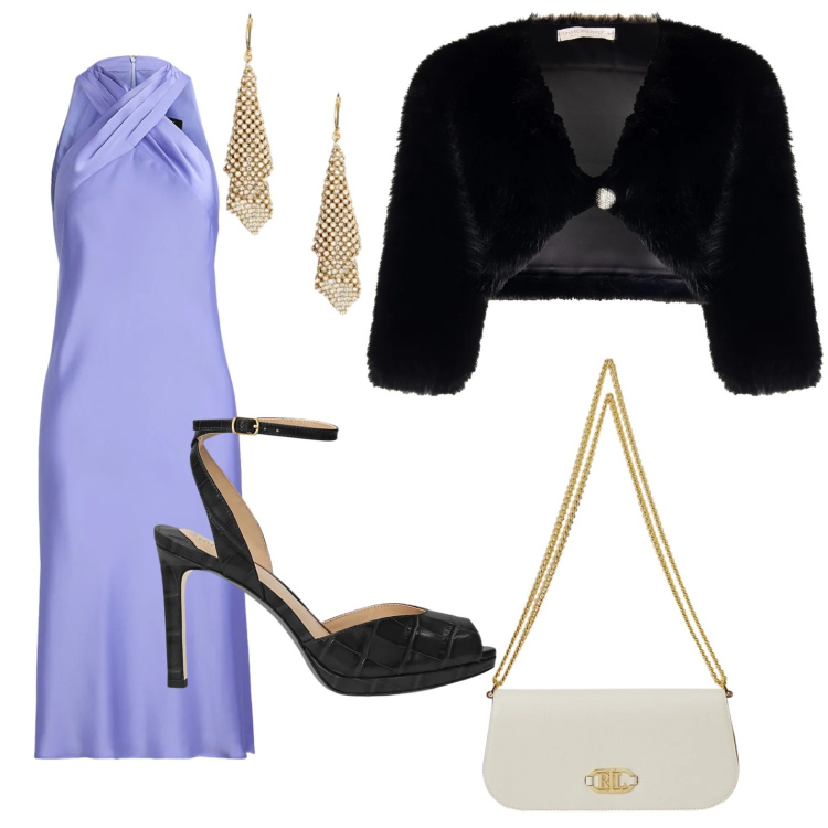 Outfit donna - Il vestito sinuoso. Stile Chic per Serata fuori. Abbinamento con bolero, sandali in pelle, borse a spalla, orecchini, vestiti.