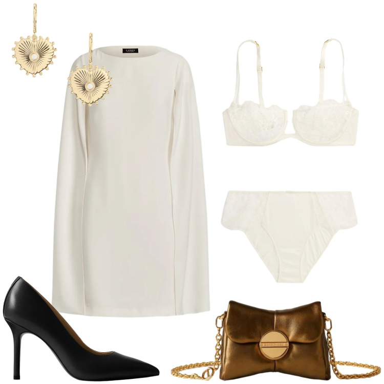 Outfit donna - Bianco essenziale. Stile Minimal per Cerimonia. Abbinamento con borse a tracolla, vestiti, reggiseni a balconcino, culotte, décolleté, orecchini.