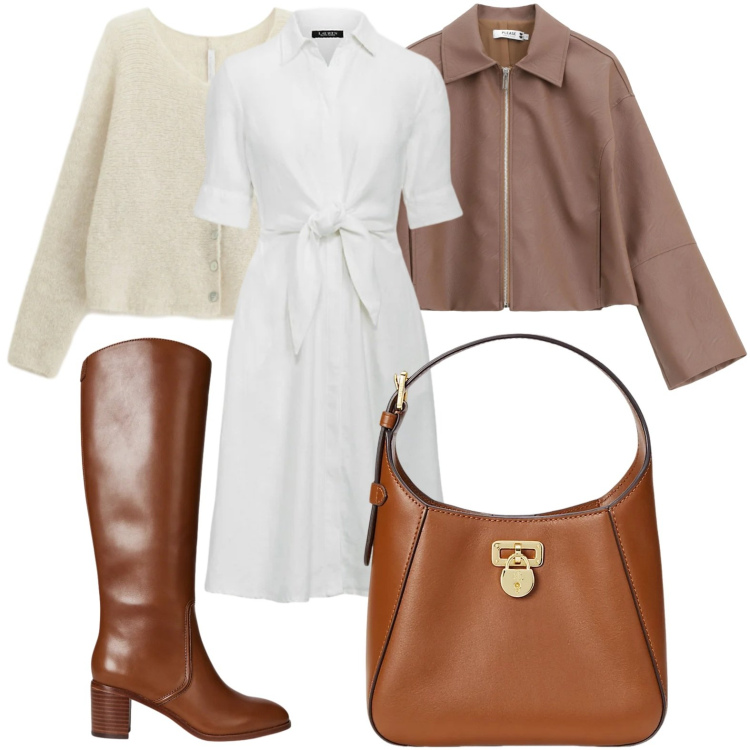 Outfit donna - Il vestito versatile. Stile Trendy per Ufficio. Abbinamento con blazer, cardigans, borse a tracolla, vestiti chemisier, stivali.